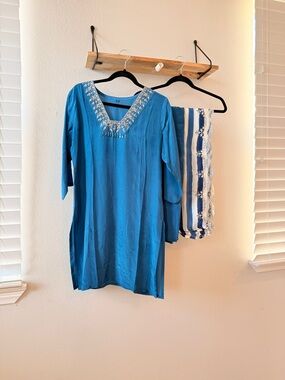 Blue Embroidered V-Neck Mini Dress